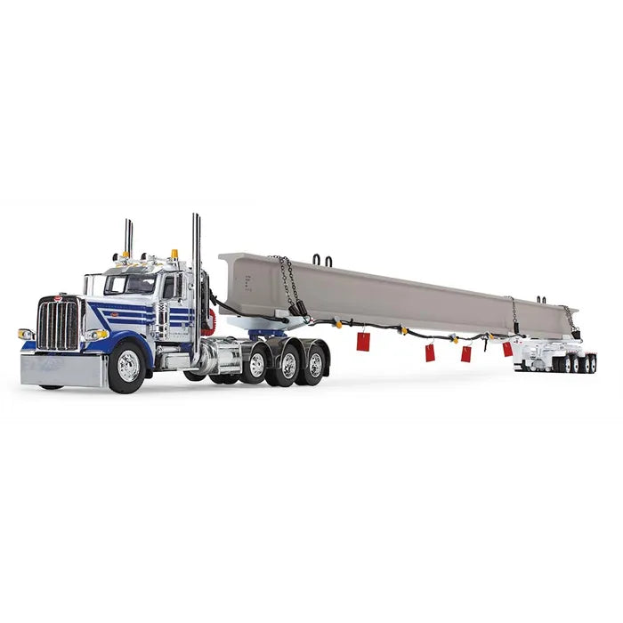 1/64 Scale Peterbilt 389 w/ ERMC Beam Trailer with Bridge Beam Section Load - White/Blue DCP 60-1674