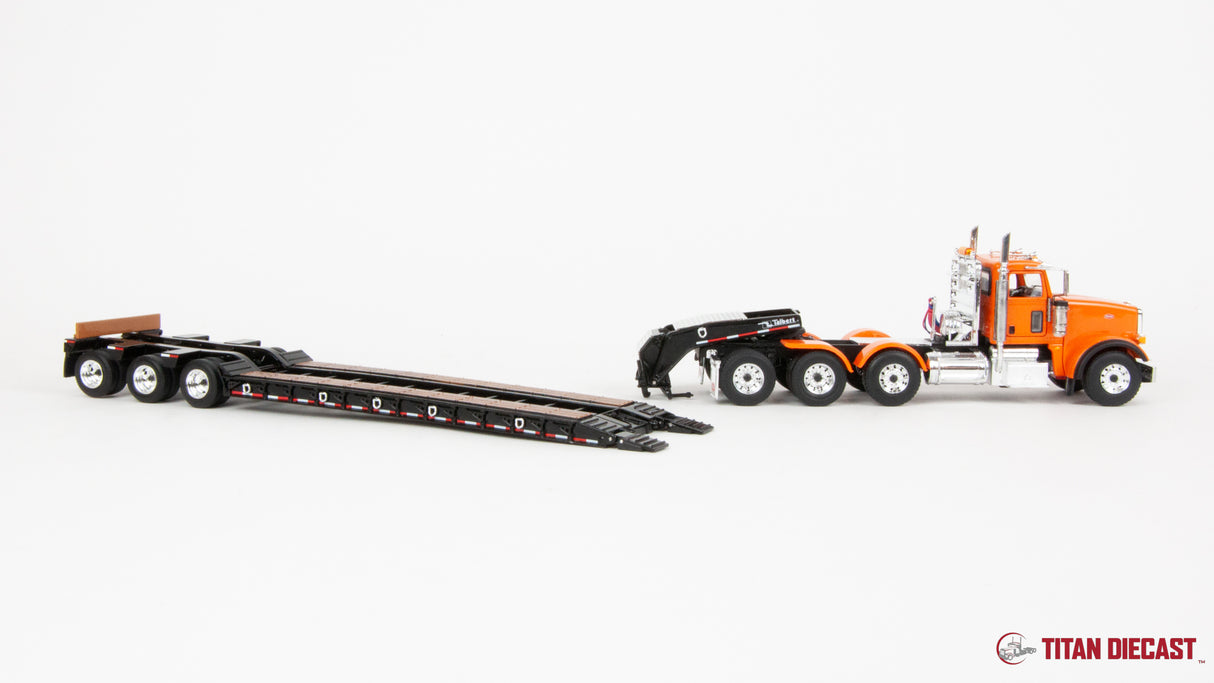 1/50 Scale First Gear Peterbilt 367 w/ Talbert 55SA Lowboy - Bright Orange/Black