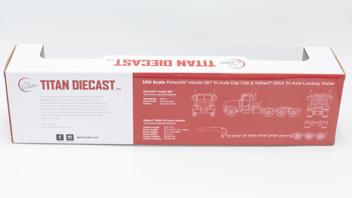 NOW IN STOCK - 1/50 Scale First Gear Peterbilt 367 w/ Talbert 55SA Lowboy - Sovereign Blue - TD Exclusive