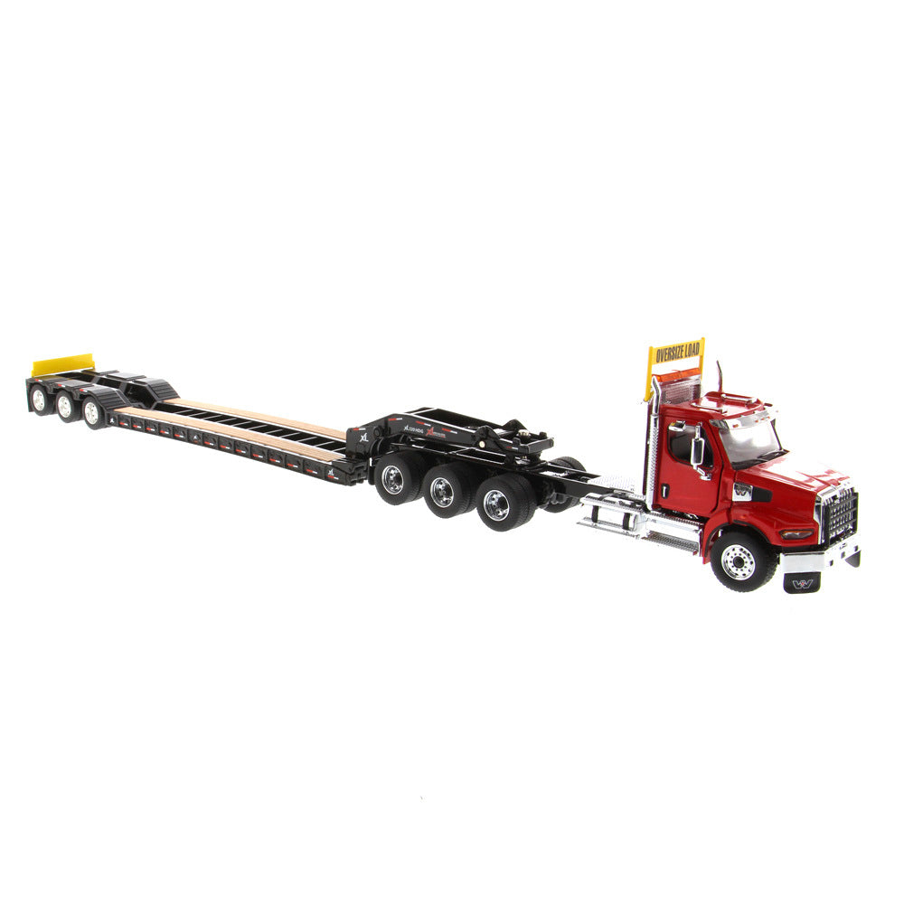 1/50 Scale Diecast Masters Western Star 49X w/ XL120 Lowboy, Jeep and 2 Boosters - Red/Black