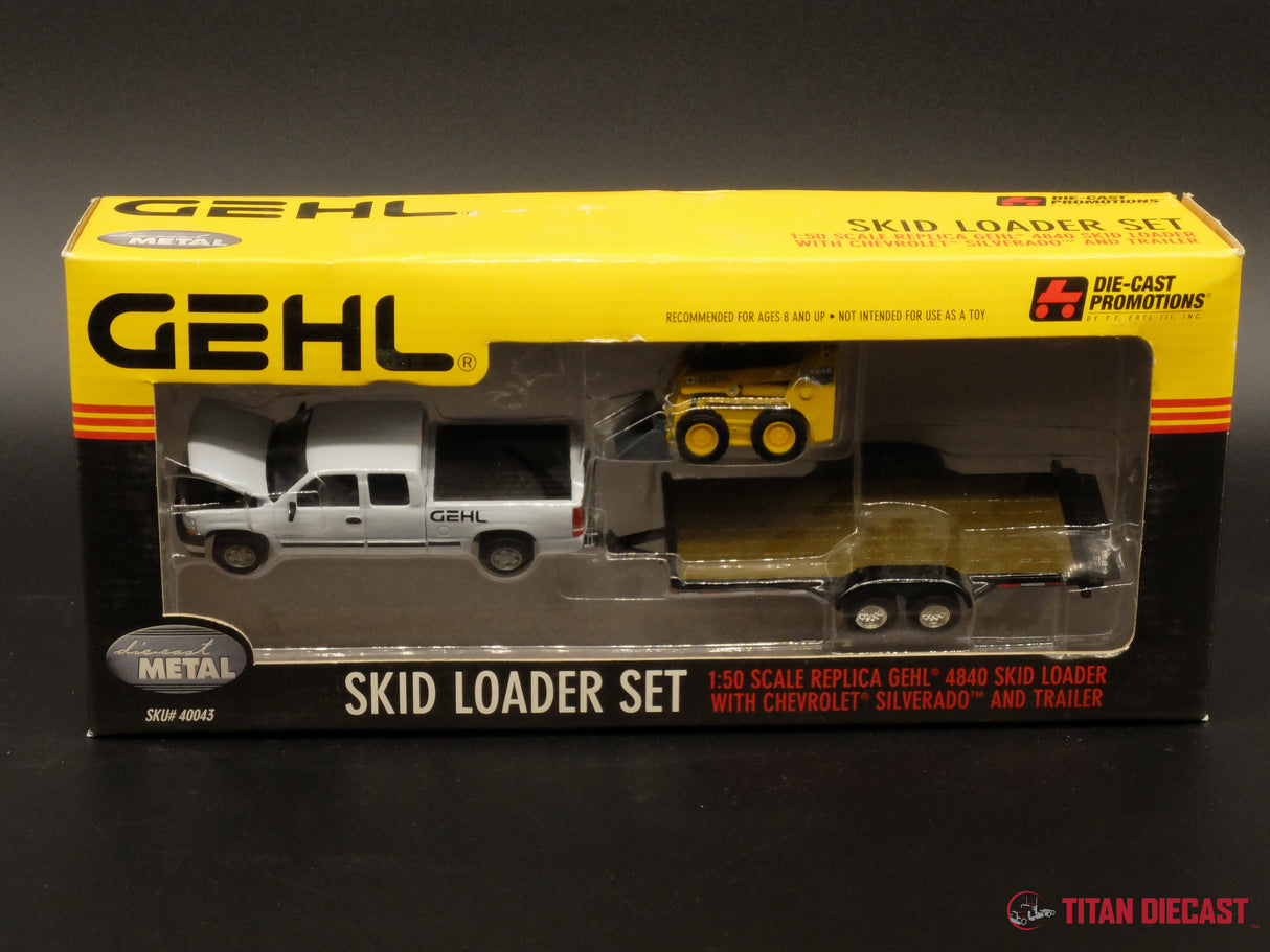 1/50 Scale DCP Chevy 1500 w/ Tilt Trailer and GEHL Skid Steer