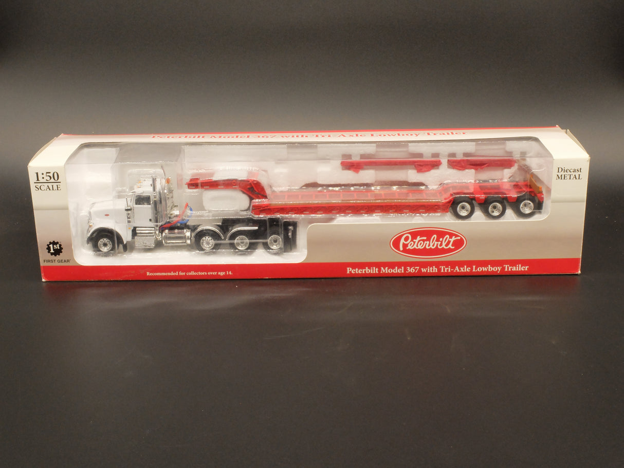 1/50 Scale First Gear Peterbilt 367 w/ Lowboy - White Red
